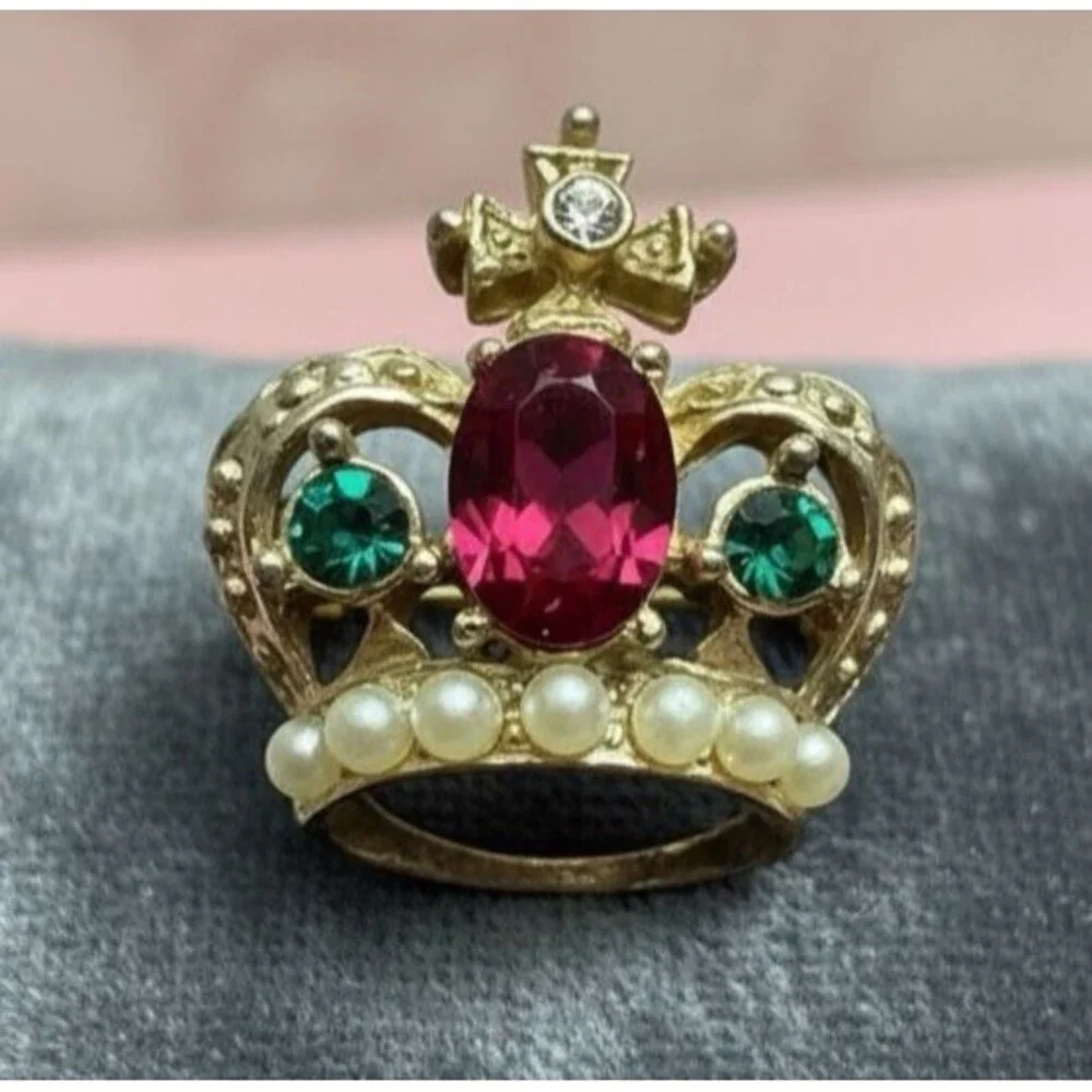 Vintage Crown Brooch Rhinestone Faux Pearl Gold Tone Mini Pin